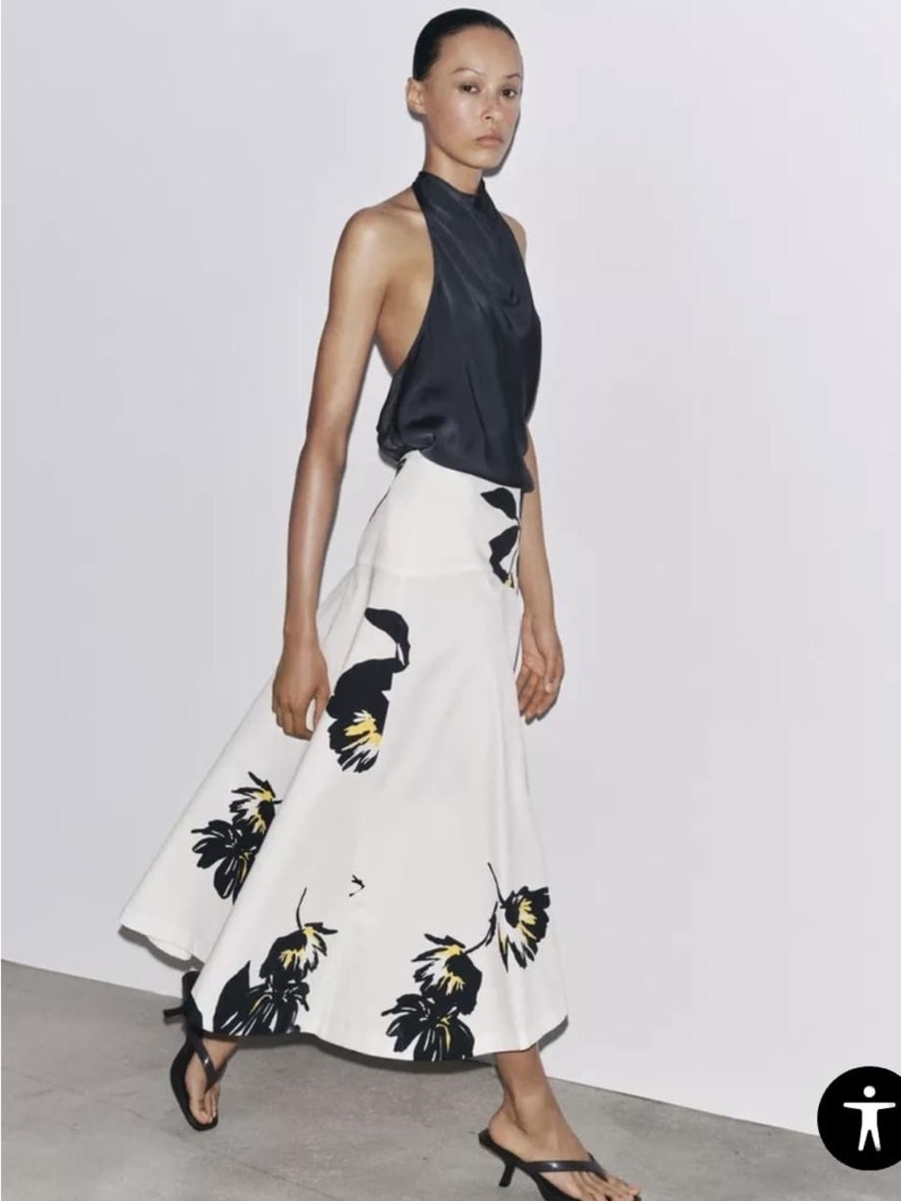 Zara White Floral Maxi Skirt with Black & Yellow Accents